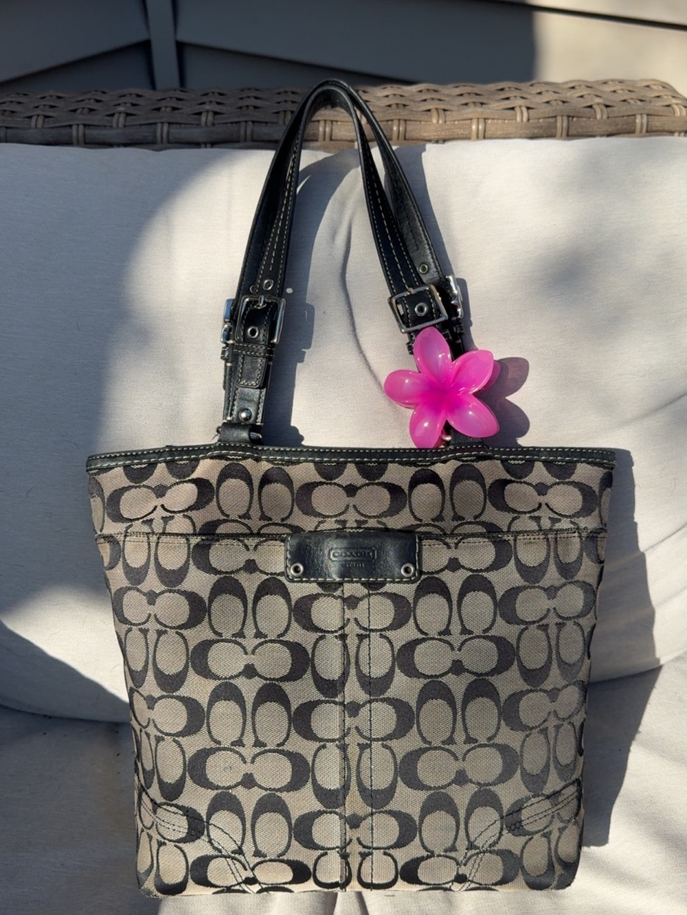 Vintage Coach Gray and Black Signature Canvas Tote with Pink Accent Charm